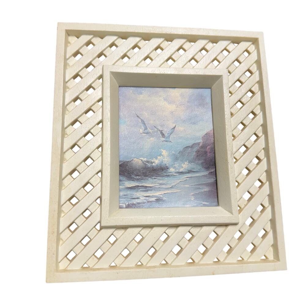 Vintage Homco Seashore Wall Print Picture White Lattice Frame Seagulls Beach 8x9
